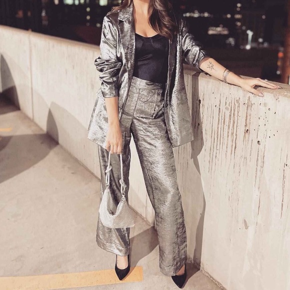 Silver High-Rise Metallic Wide Leg Pants NWT - Picture 3 of 5